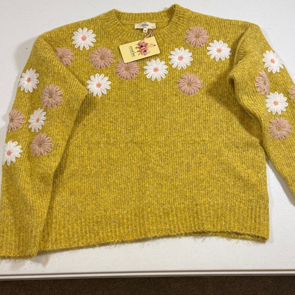 entro Mustard Yellow Floral Embroidered Crewneck Sweater